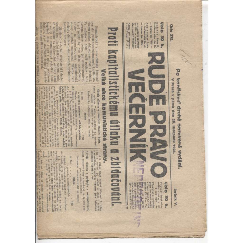 Rudé právo - večerník (28.11.1924) - 1. republika, staré noviny