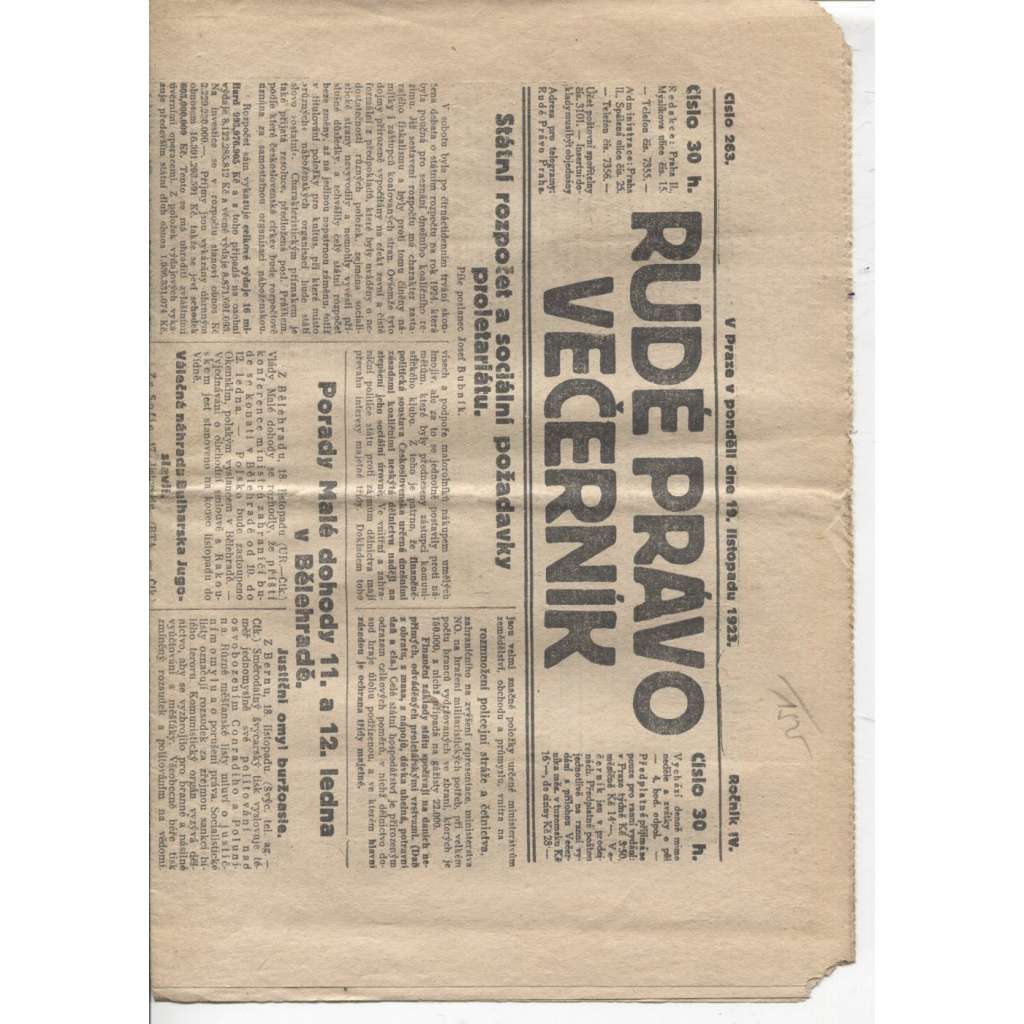 Rudé právo - večerník (19.11.1923) - 1. republika, staré noviny