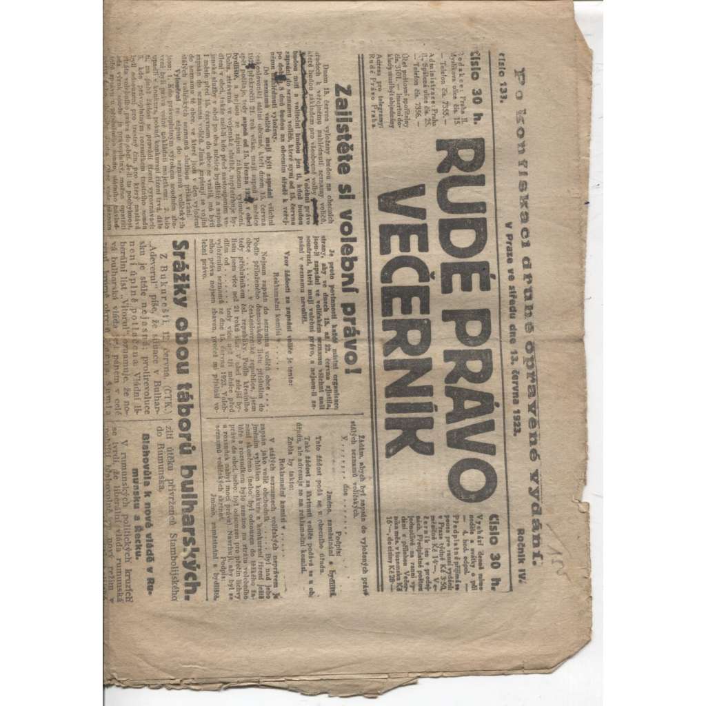 Rudé právo - večerník (13.6.1923) - 1. republika, staré noviny (pošk.)
