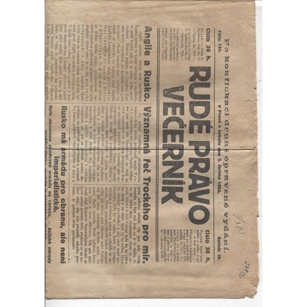 Rudé právo - večerník (2.6.1923) - 1. republika, staré noviny