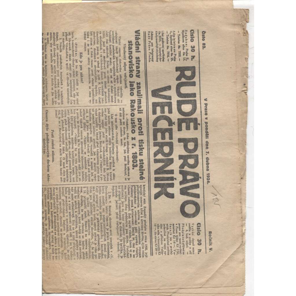 Rudé právo - večerník (7.4.1924) - 1. republika, staré noviny