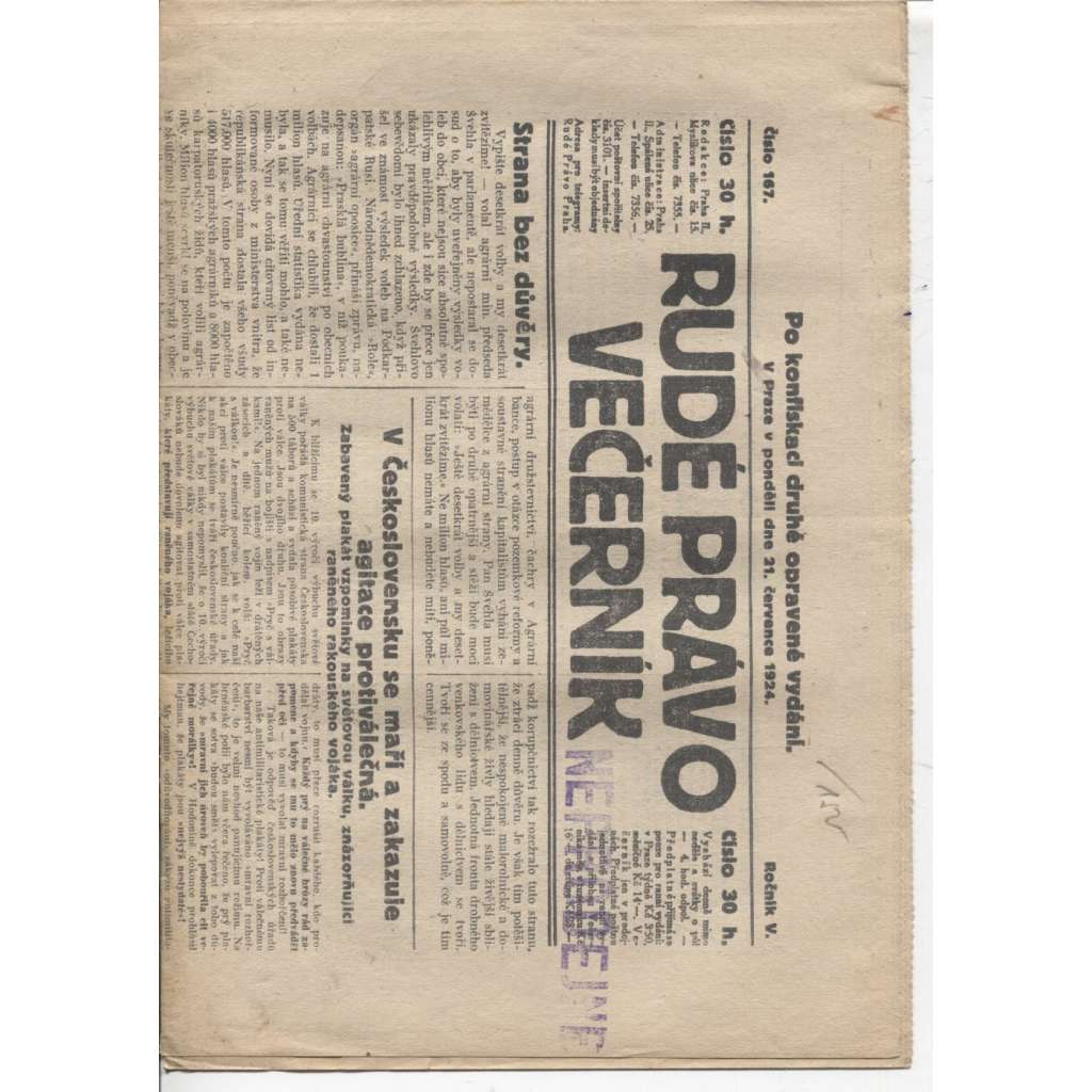 Rudé právo - večerník (21.7.1924) - 1. republika, staré noviny