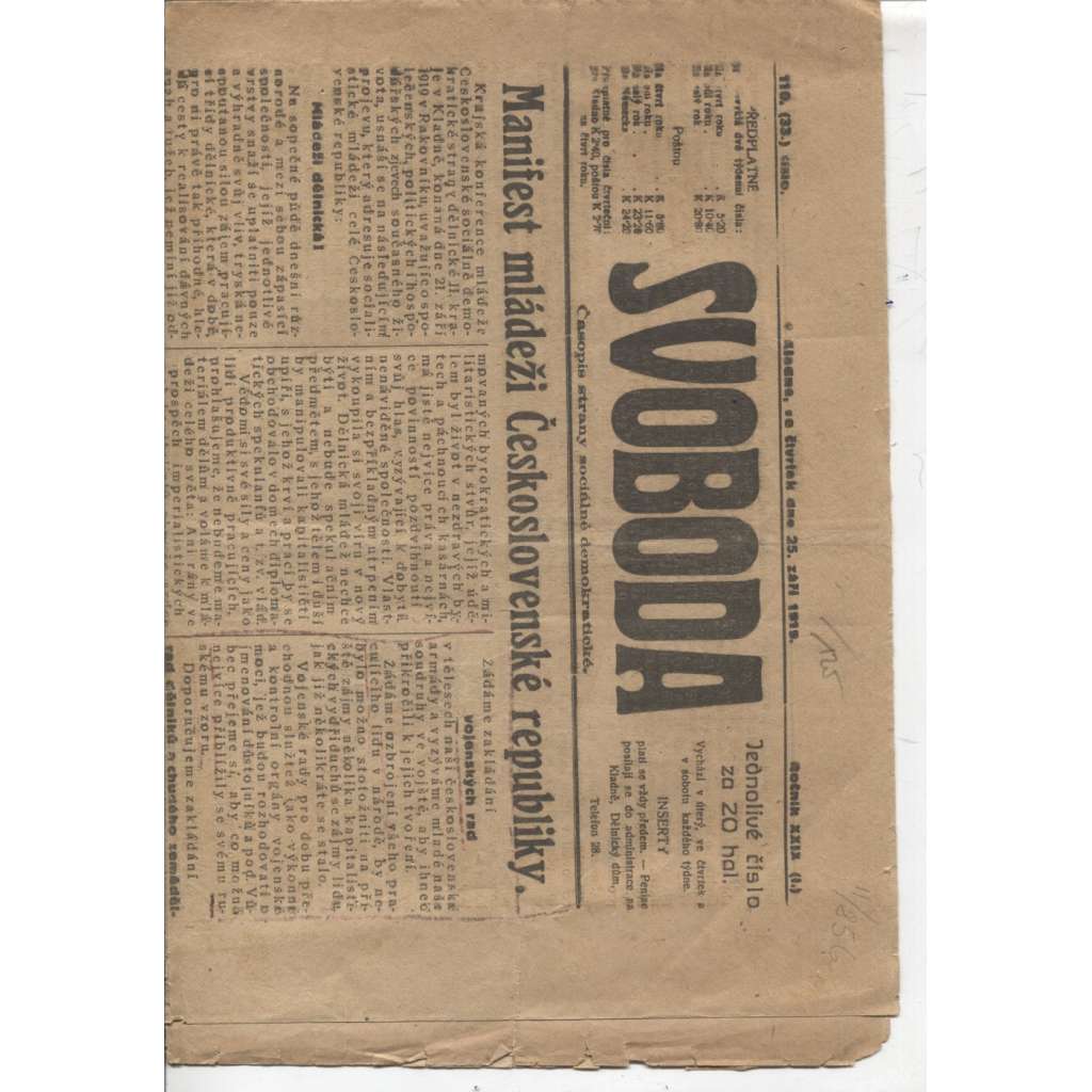Svoboda (25.9.1919) - 1. republika, staré noviny