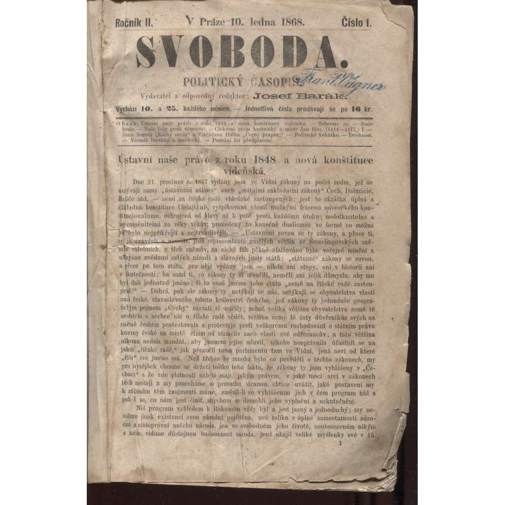 Svoboda. Politický časopis. Ročník II./1868 (pošk.)