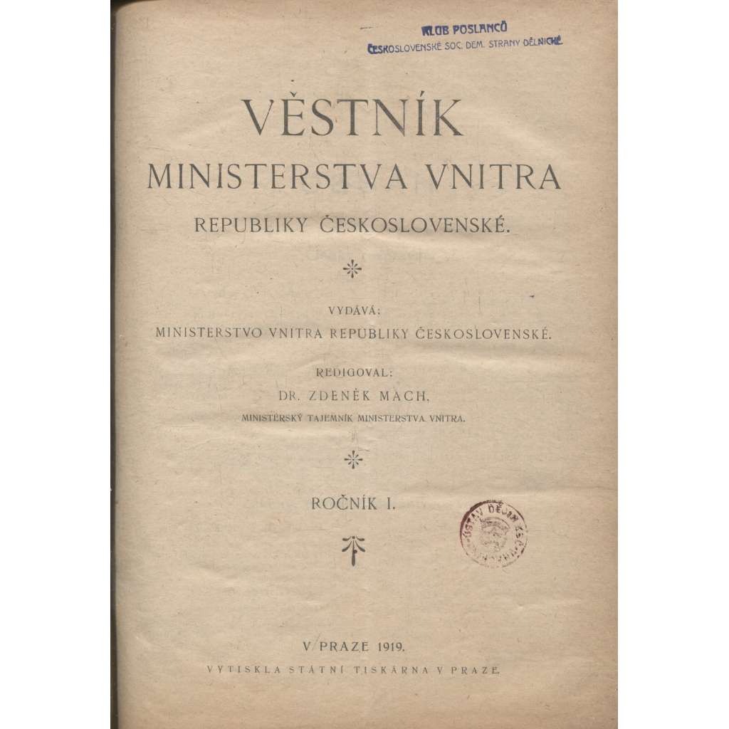 Věstník Ministerstva vnitra Republiky československé, ročník I./1919 (právo)