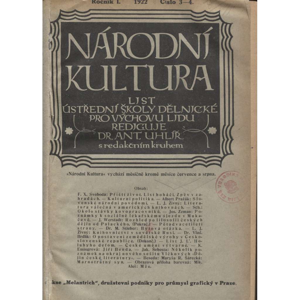 Národní kultura. List ústřední školy dělnické pro výchovu lidu. Ročník I., čísla 1.-10./1922