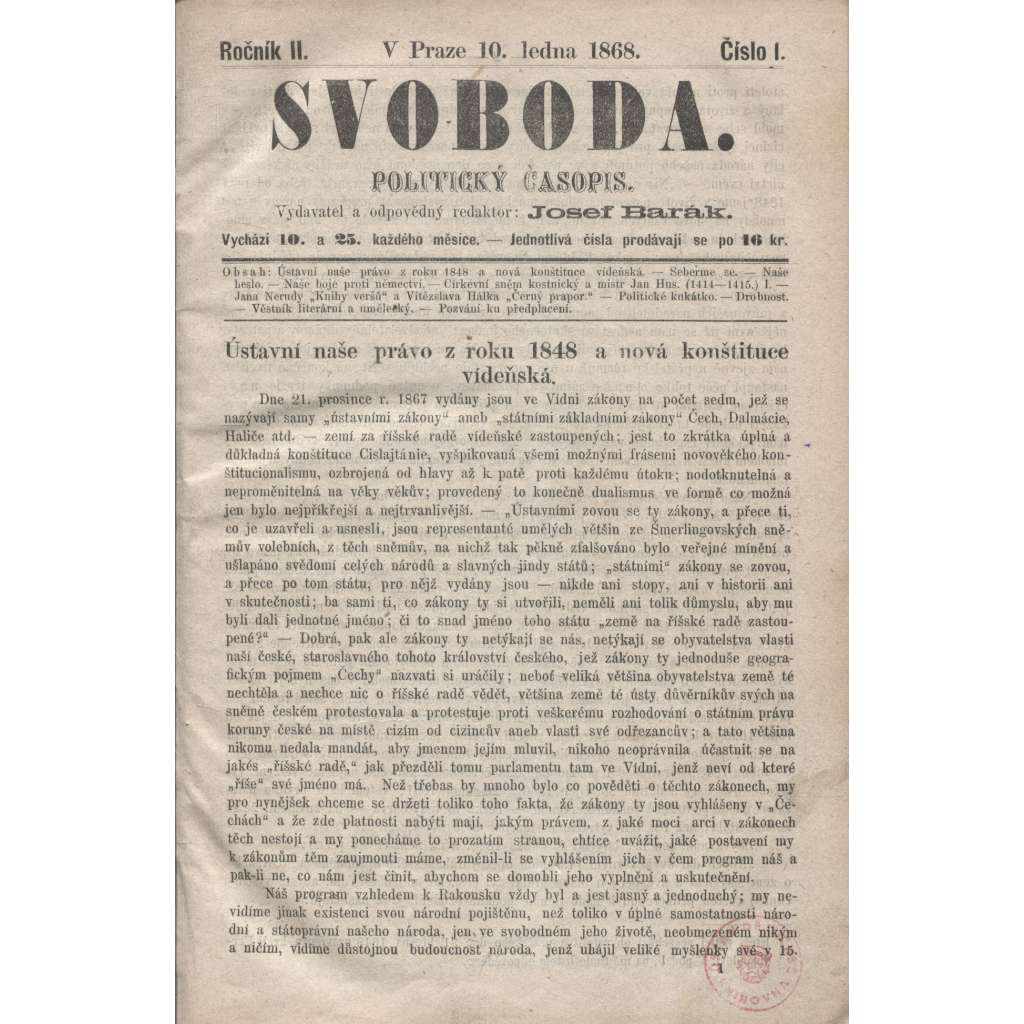 Svoboda. Politický časopis. Ročník II./1868 (levicová literatura)