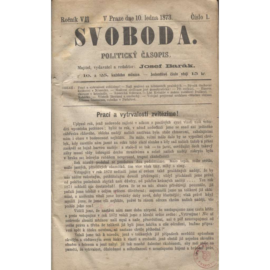 Svoboda. Politický časopis. Ročník VII./1873 (levicová literatura)