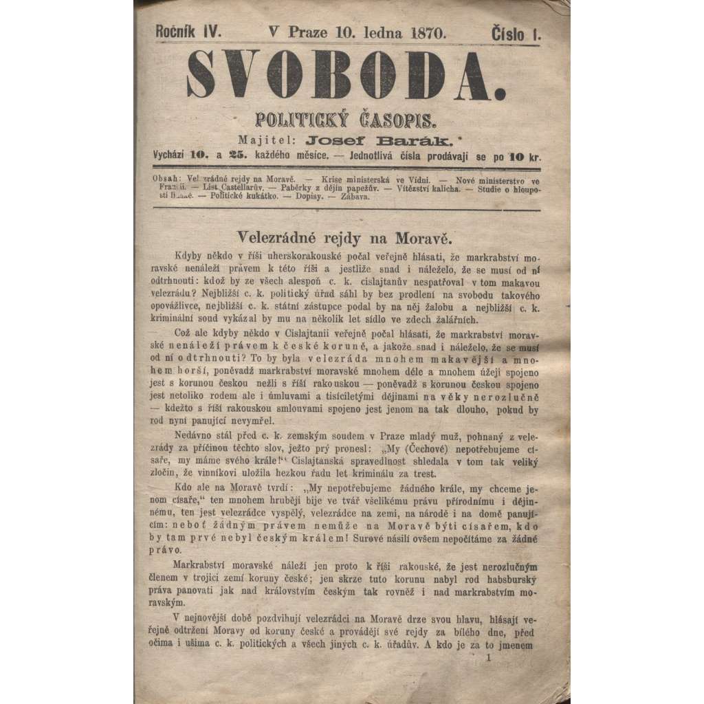 Svoboda. Politický časopis. Ročník IV./1870 (levicová literatura)