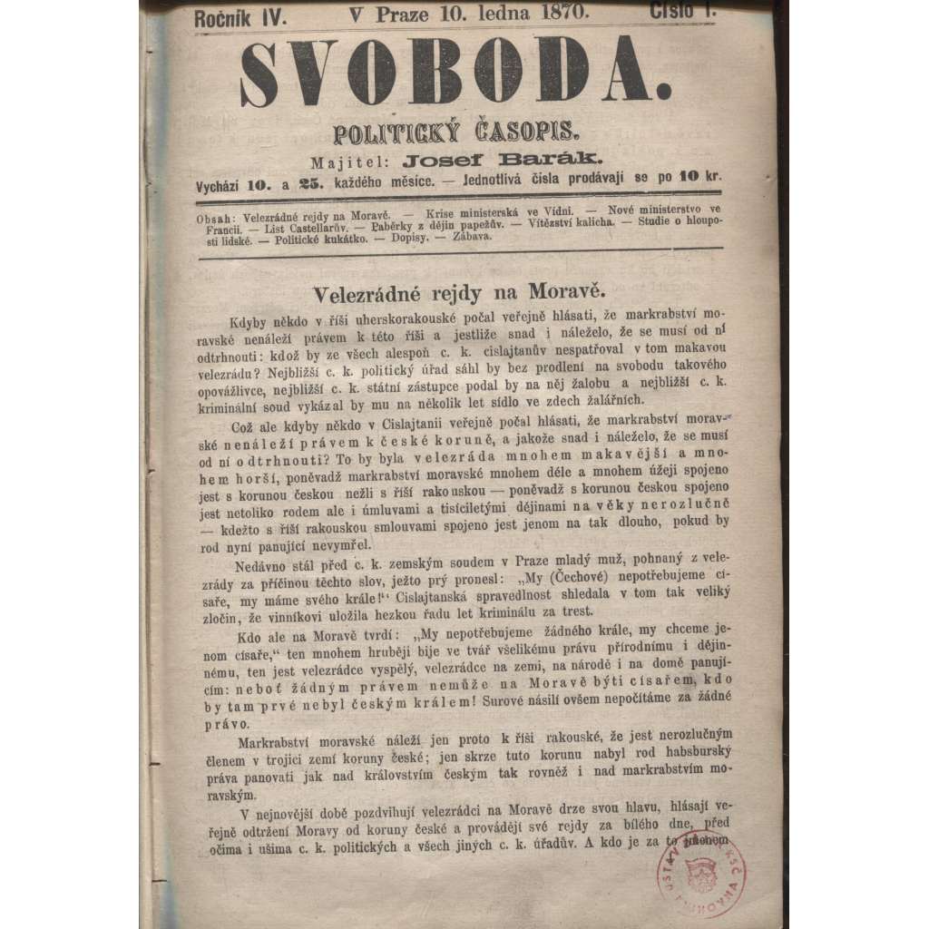 Svoboda. Politický časopis. Ročník IV./1870 (levicová literatura)