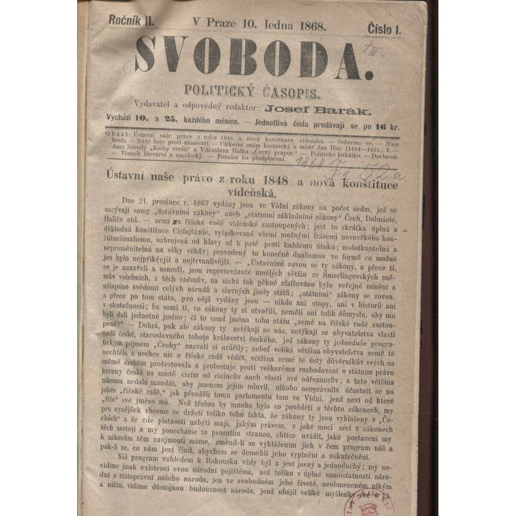 Svoboda. Politický časopis. Ročník II./1868 (levicová literatura)