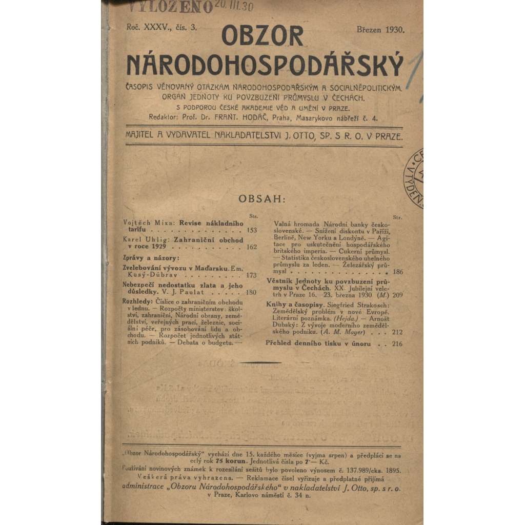 Obzor národohospodářský, ročník XXXV./1930. Časopis věnovaný otázkám národohospodářským a sociálněpolitickým