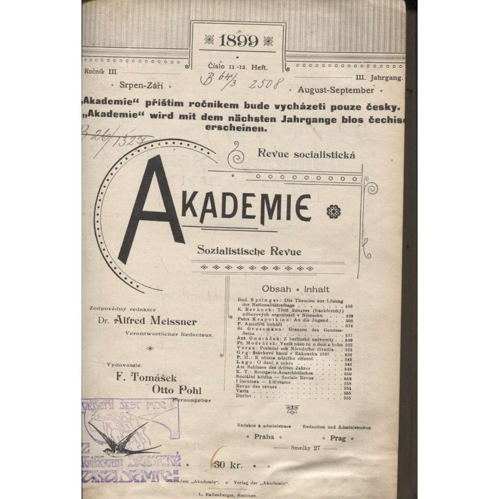 Akademie. Orgán mládeže socialistické. Ročník III./1899 (levicová literatura)