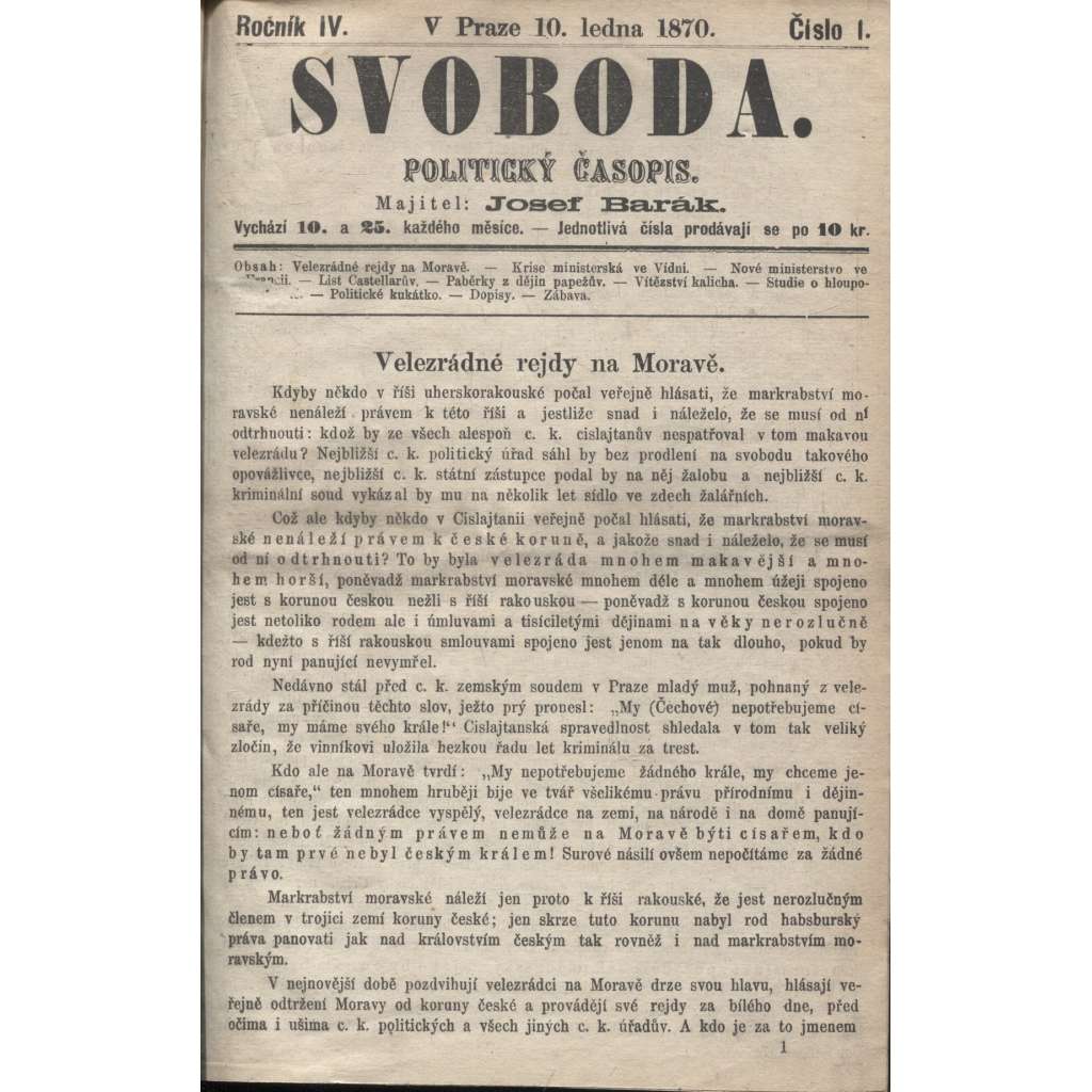 Svoboda. Politický časopis. Ročník IV./1870 (levicová literatura)