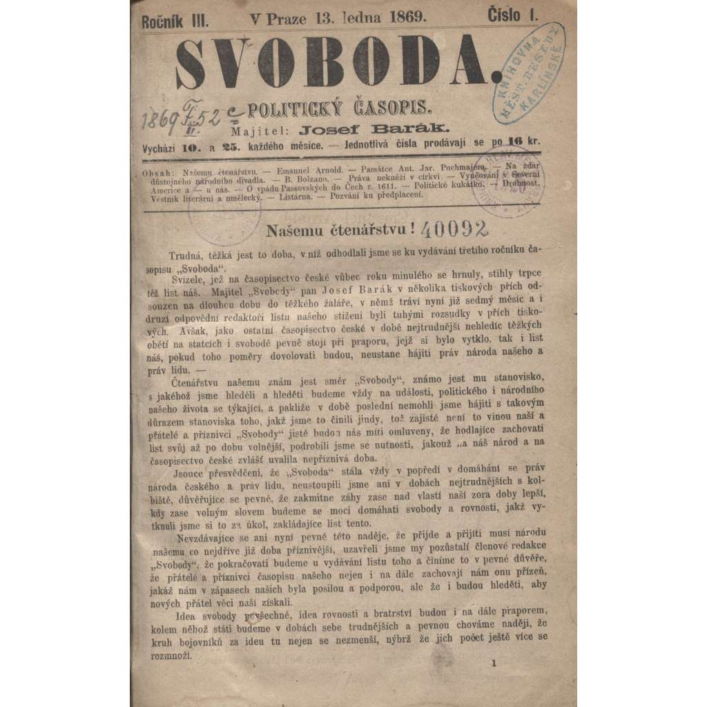 Svoboda. Politický časopis. Ročník III./1869 (levicová literatura)