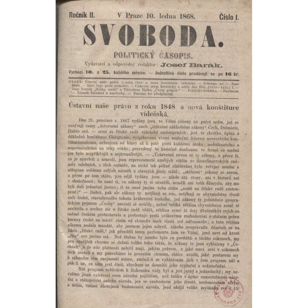 Svoboda. Politický časopis. Ročník II./1868 (levicová literatura)