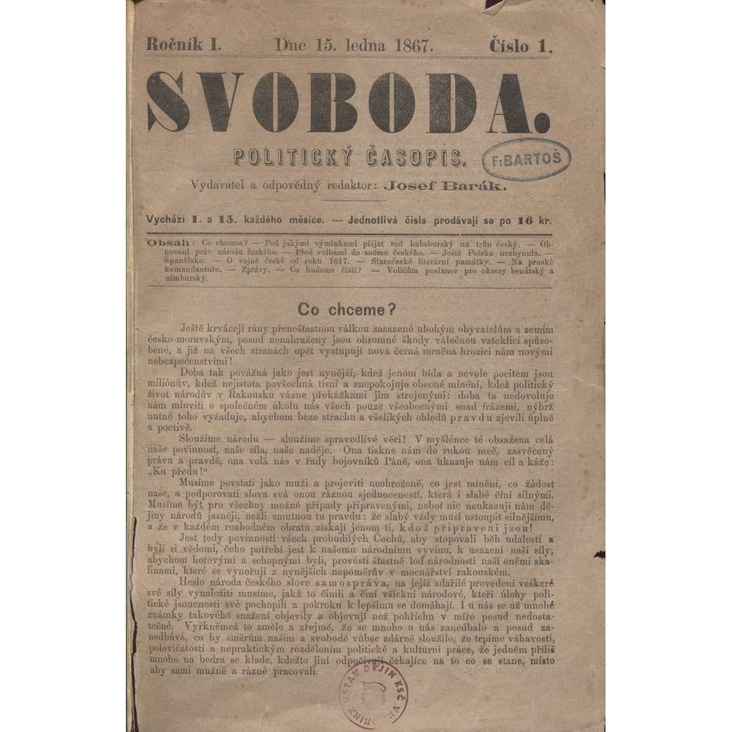 Svoboda. Politický časopis. Ročník I./1867 (levicová literatura)