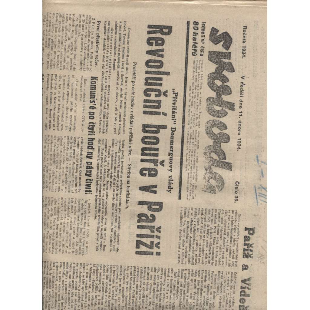 Svoboda (11.2.1934) - 1. republika, staré noviny