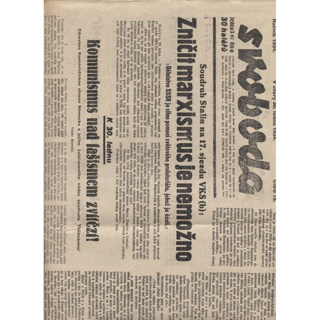 Svoboda (30.1.1934) - 1. republika, staré noviny