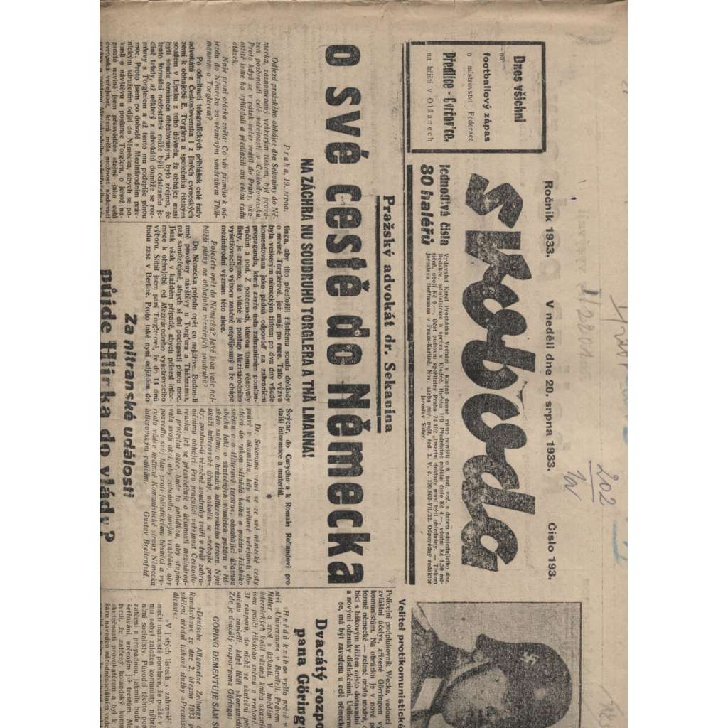 Svoboda (20.8.1933) - 1. republika, staré noviny