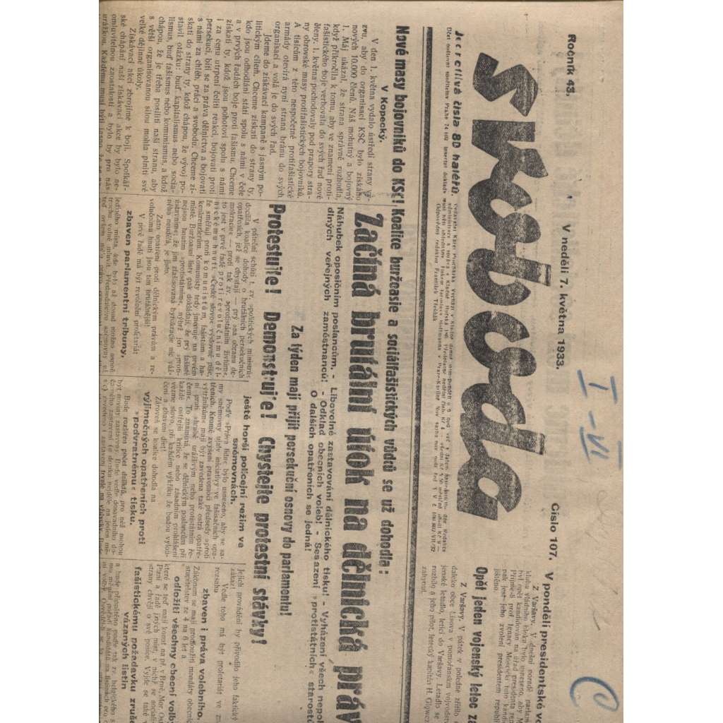 Svoboda (7.5.1933) - 1. republika, staré noviny