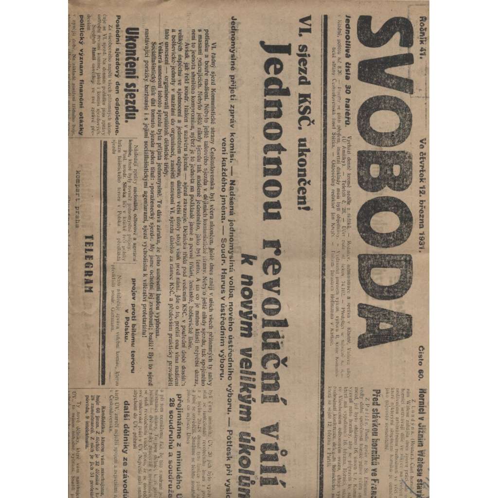 Svoboda (12.3.1931) - 1. republika, staré noviny