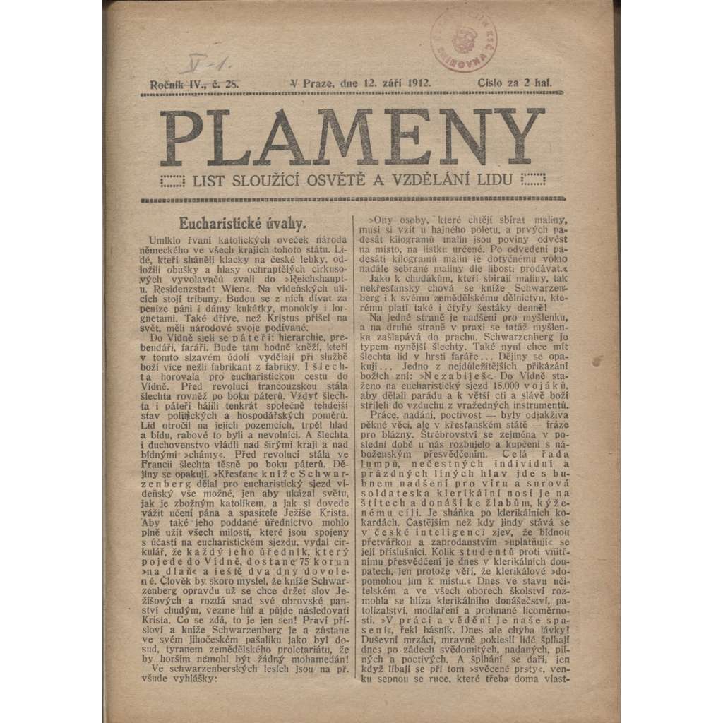 Plameny, ročník V./1912-1913 (List sloužící osvětě a vzdělání lidu)