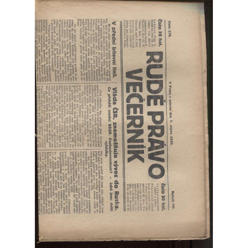 Rudé právo - večerník (7.8.1926) - 1. republika, staré noviny