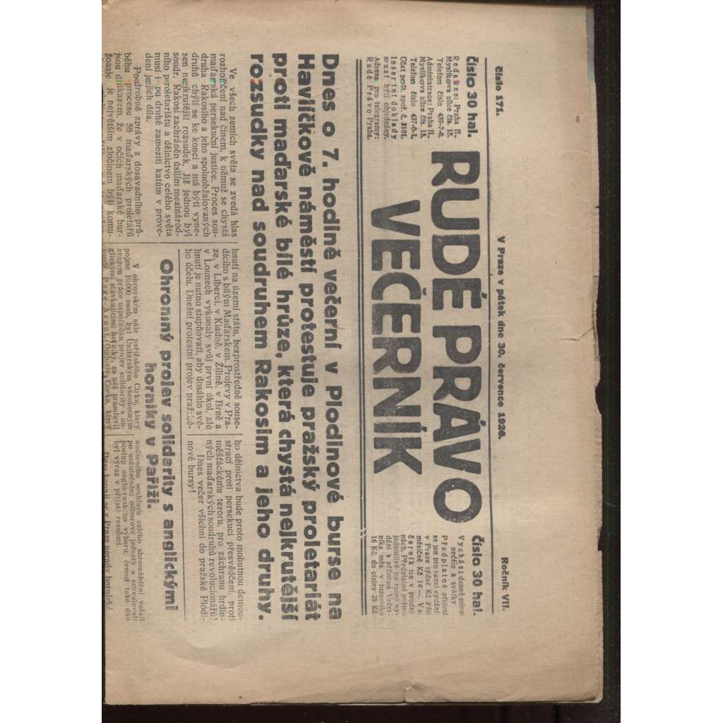 Rudé právo - večerník (30.7.1926) - 1. republika, staré noviny