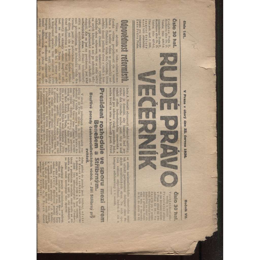Rudé právo - večerník (22.6.1926) - 1. republika, staré noviny