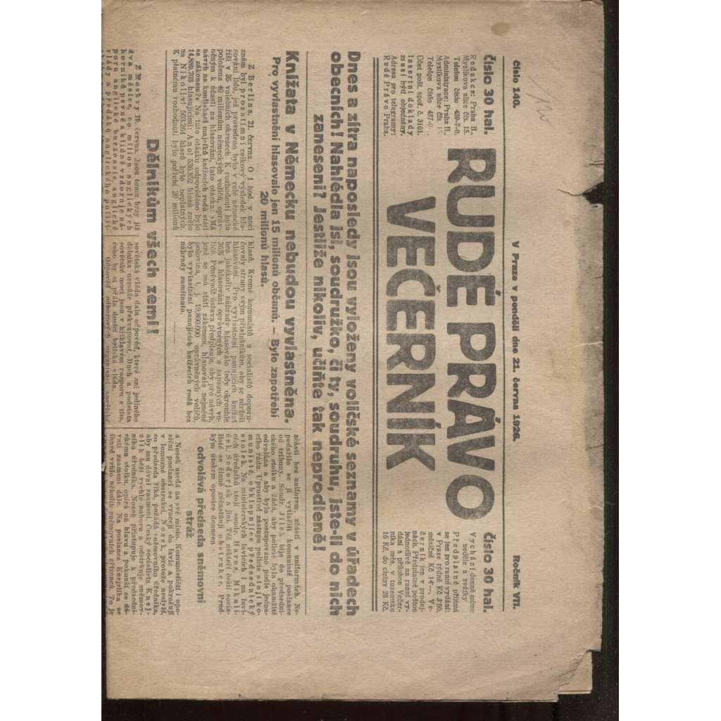 Rudé právo - večerník (21.6.1926) - 1. republika, staré noviny