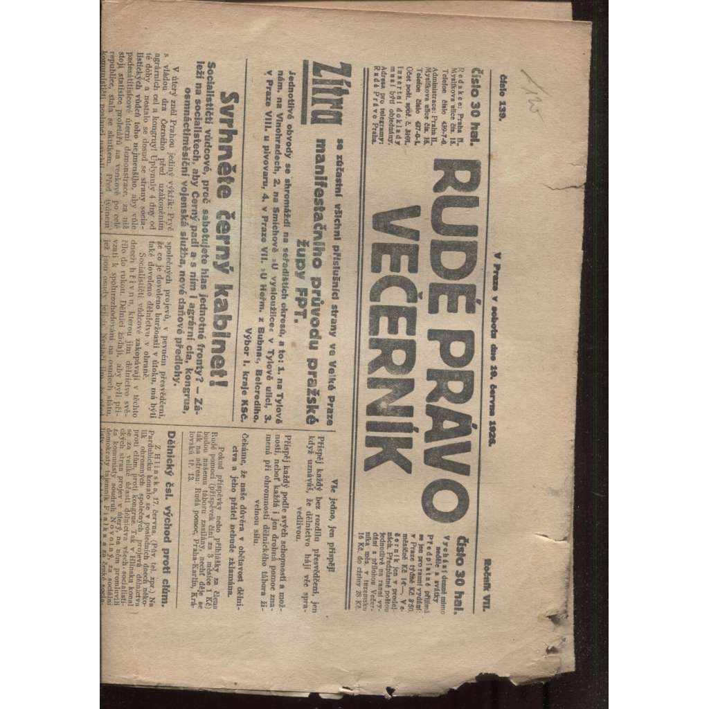 Rudé právo - večerník (19.6.1926) - 1. republika, staré noviny