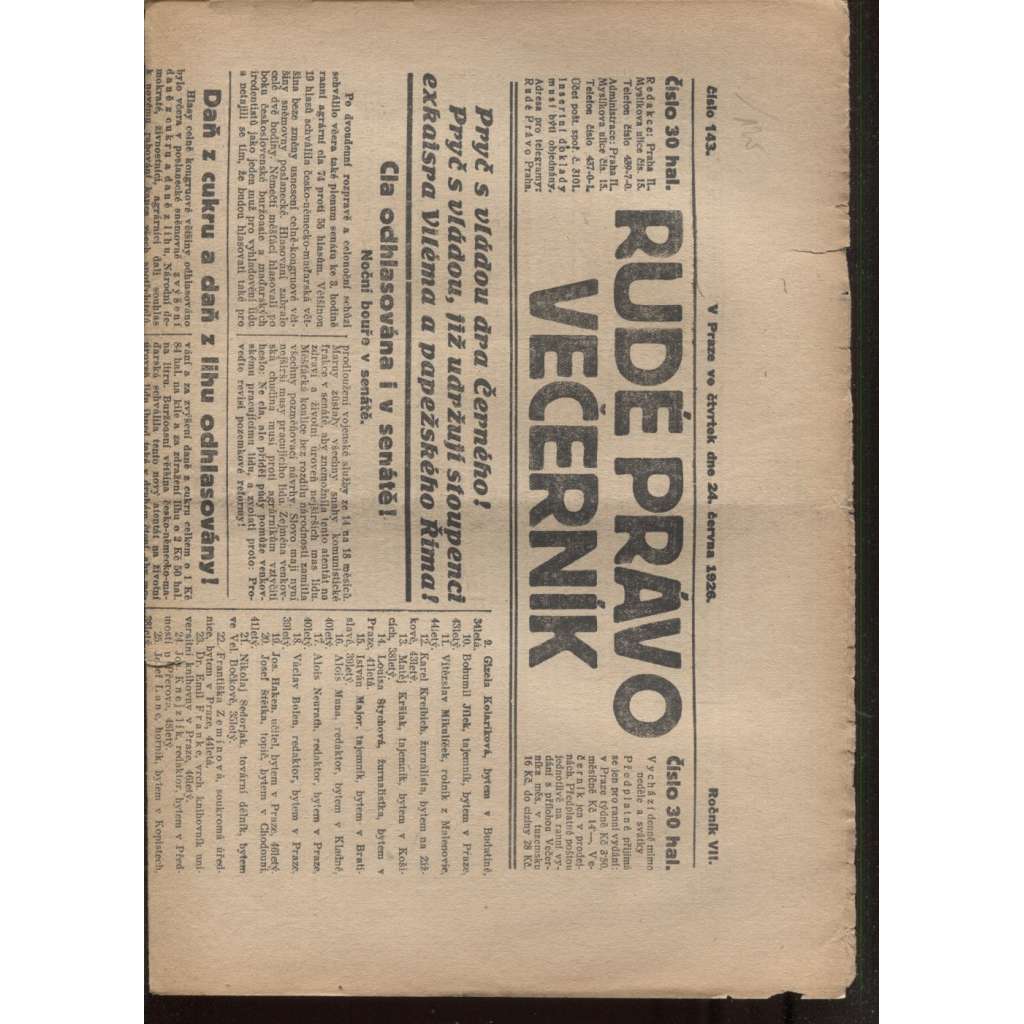 Rudé právo - večerník (24.6.1926) - 1. republika, staré noviny