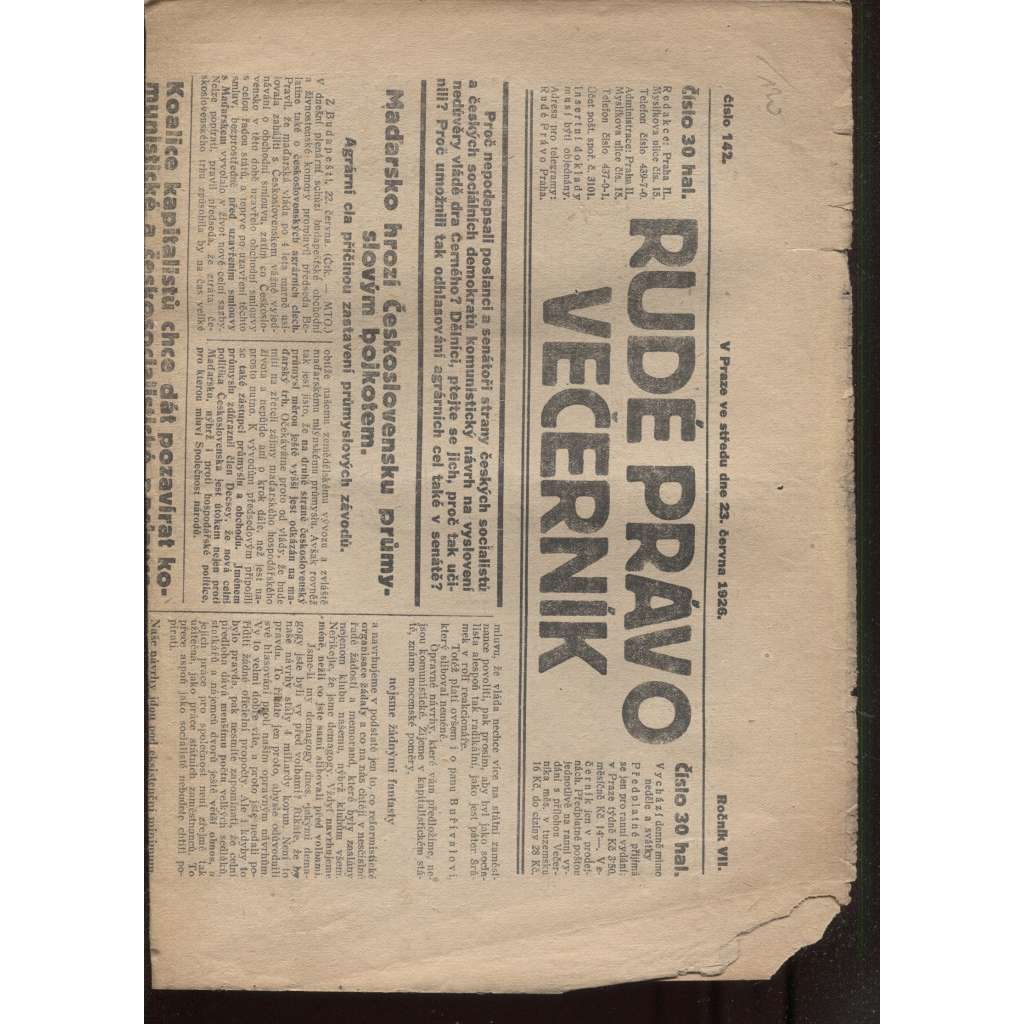Rudé právo - večerník (23.6.1926) - 1. republika, staré noviny