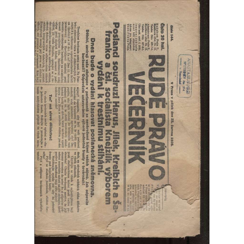 Rudé právo - večerník (25.6.1926) - 1. republika, staré noviny