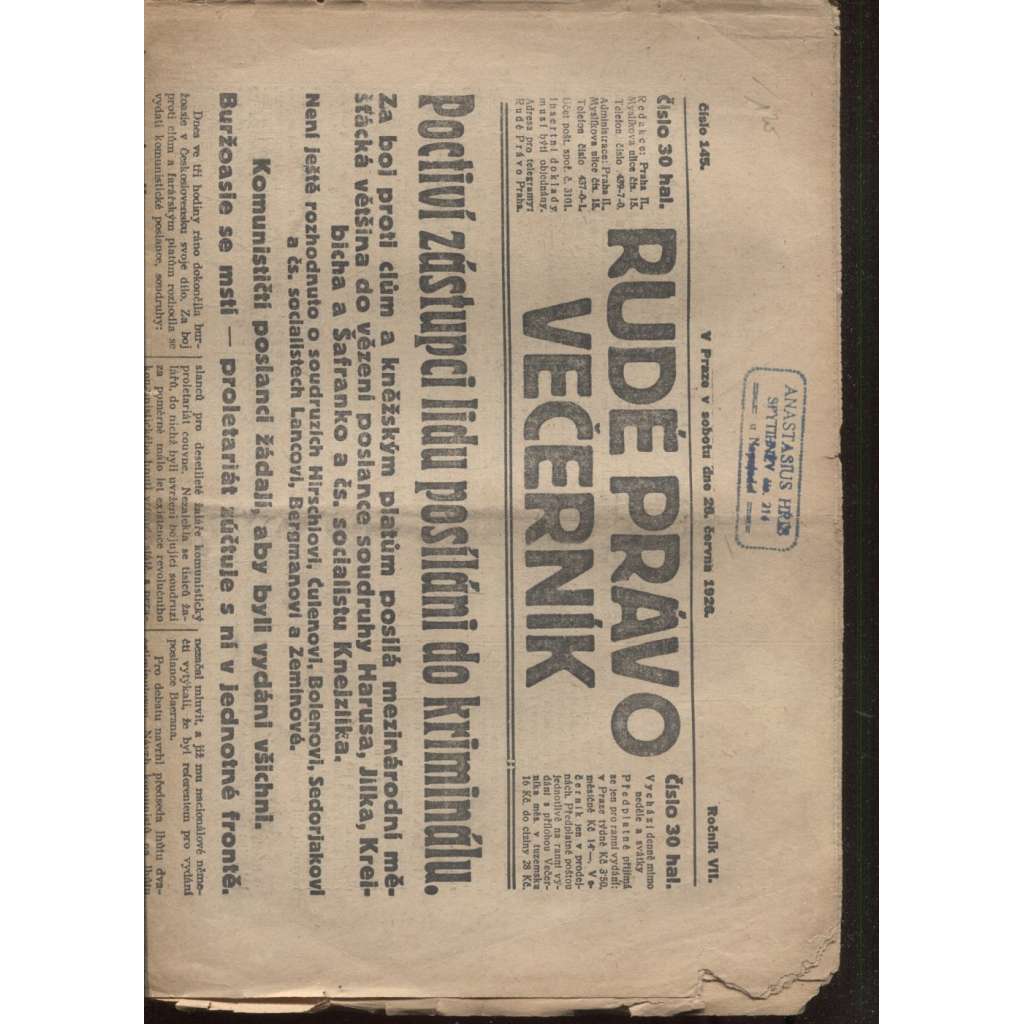 Rudé právo - večerník (26.6.1926) - 1. republika, staré noviny