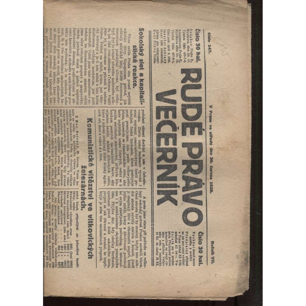 Rudé právo - večerník (30.6.1926) - 1. republika, staré noviny
