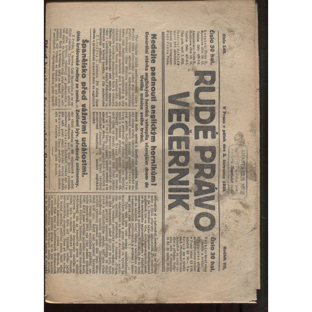 Rudé právo - večerník (2.7.1926) - 1. republika, staré noviny