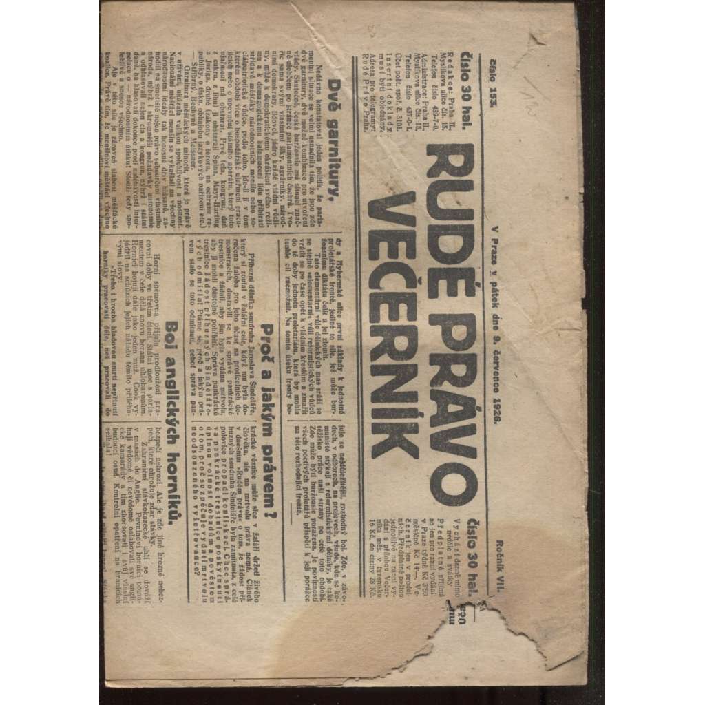 Rudé právo - večerník (9.7.1926) - 1. republika, staré noviny