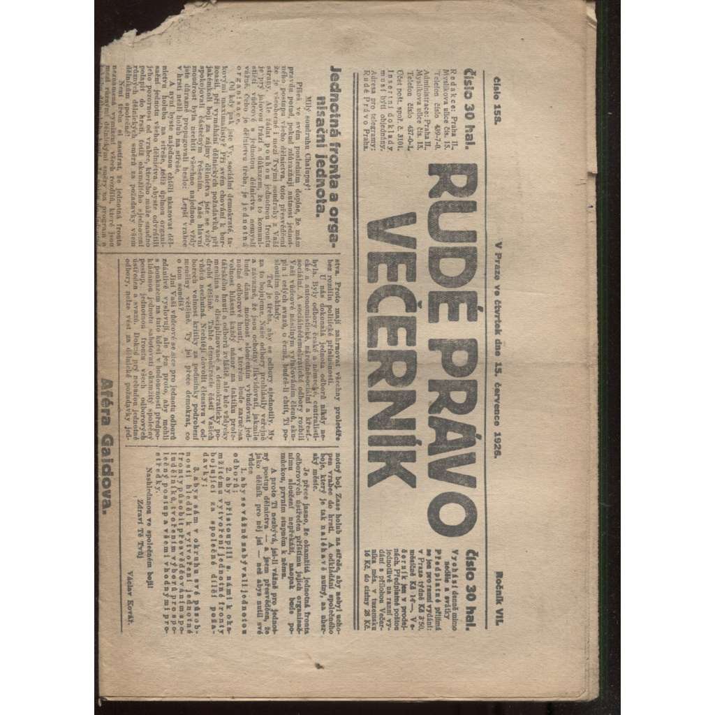 Rudé právo - večerník (15.7.1926) - 1. republika, staré noviny