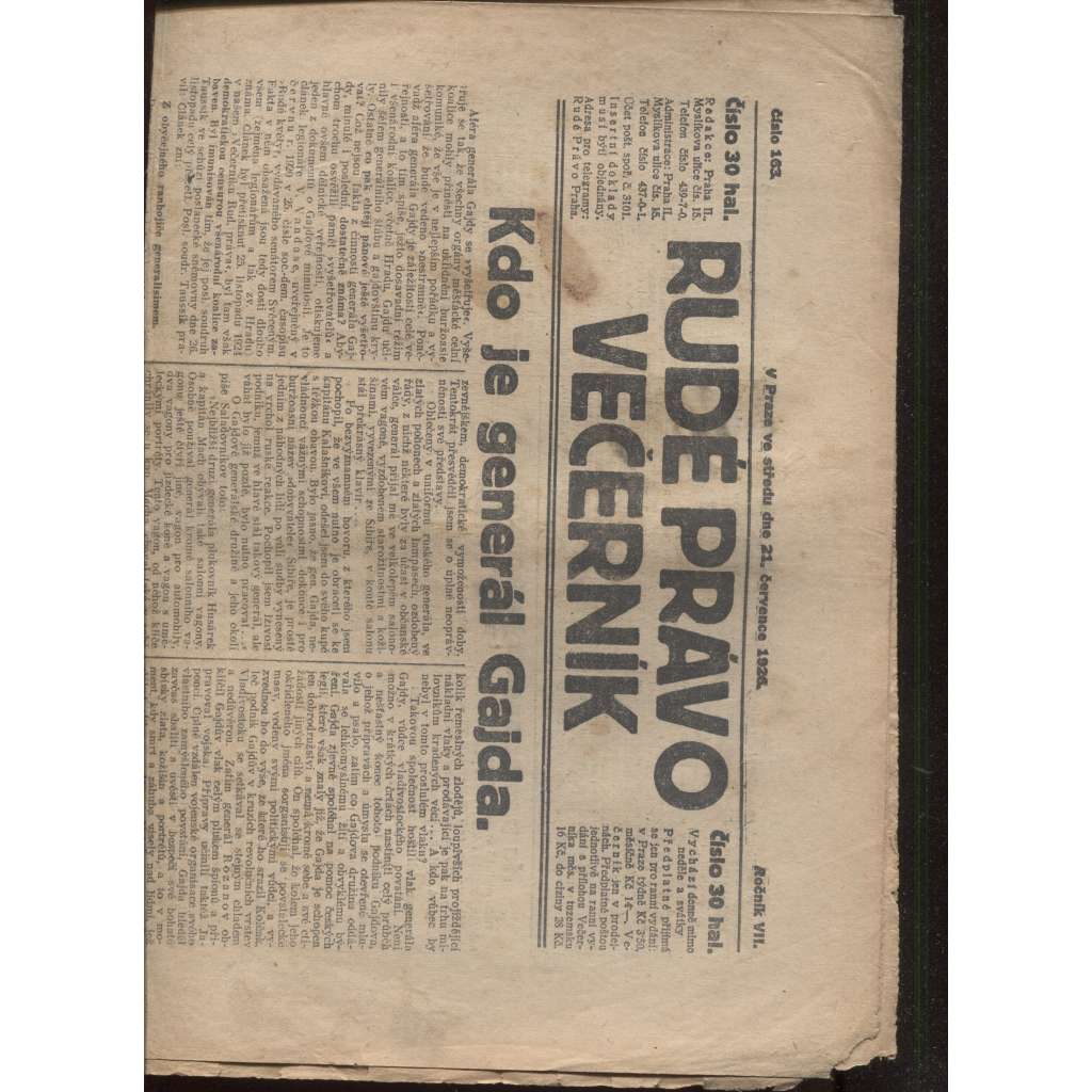 Rudé právo - večerník (21.7.1926) - 1. republika, staré noviny