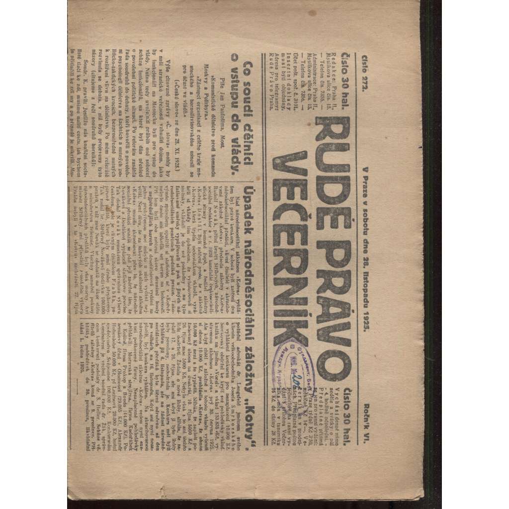 Rudé právo - večerník (28.11.1925) - 1. republika, staré noviny