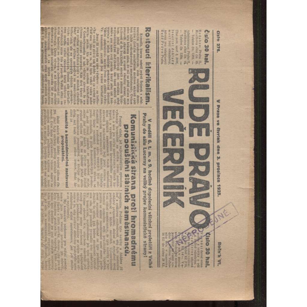 Rudé právo - večerník (3.12.1925) - 1. republika, staré noviny
