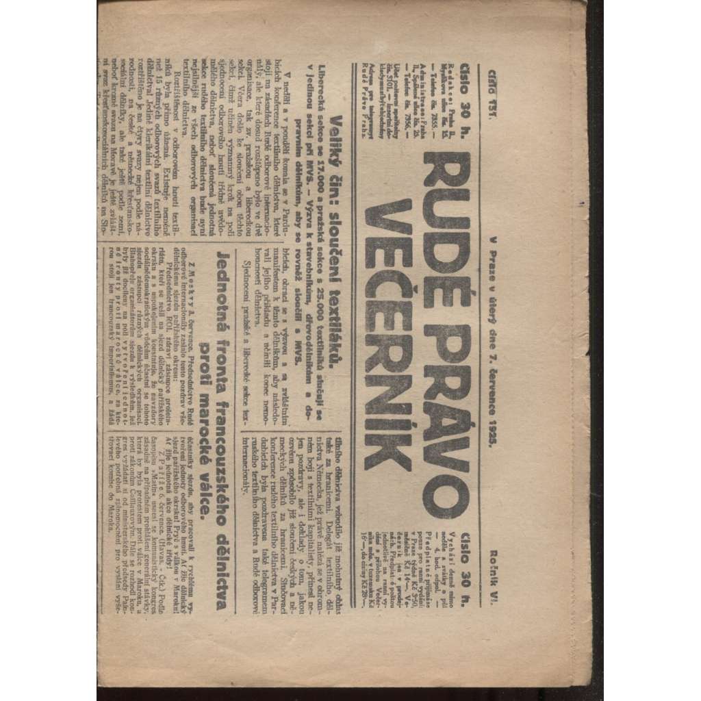Rudé právo - večerník (7.7.1925) - 1. republika, staré noviny