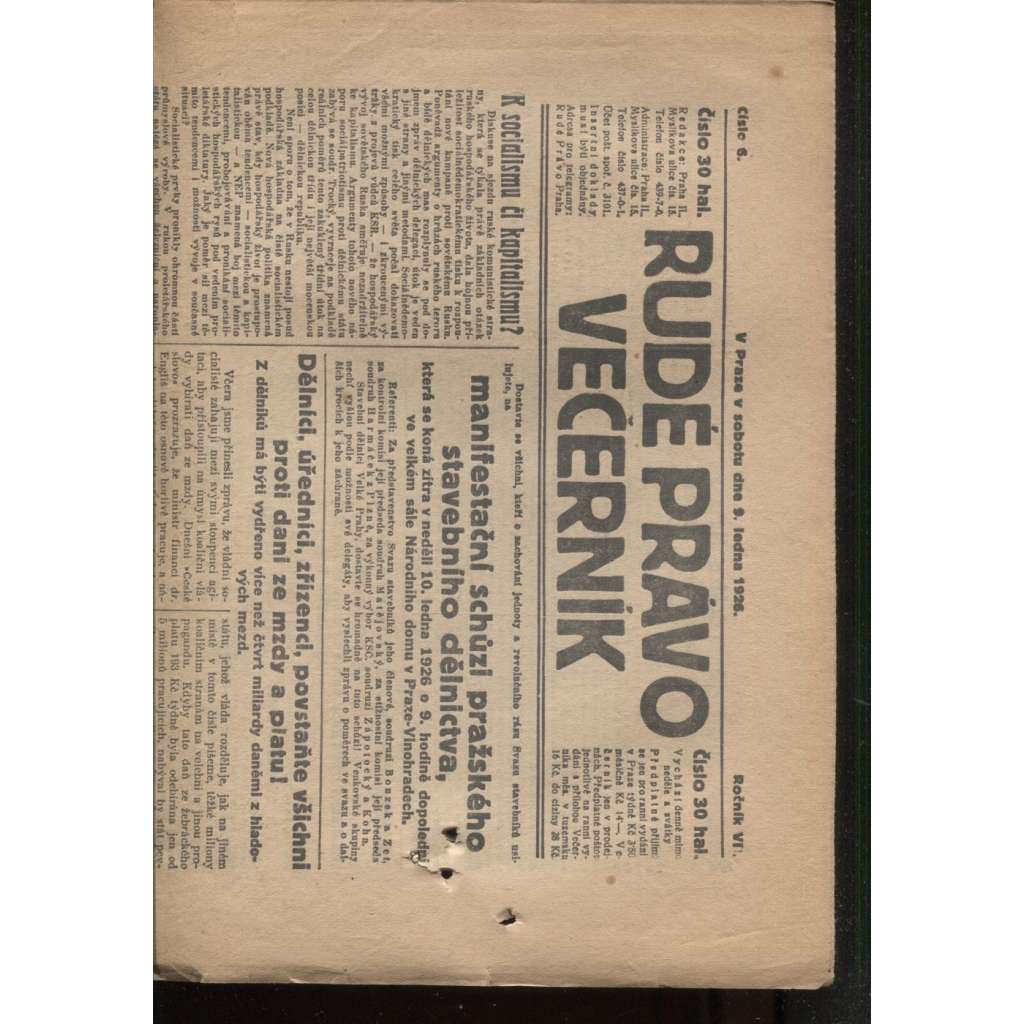 Rudé právo - večerník (9.1.1926) - 1. republika, staré noviny