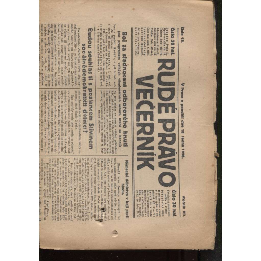 Rudé právo - večerník (18.1.1926) - 1. republika, staré noviny