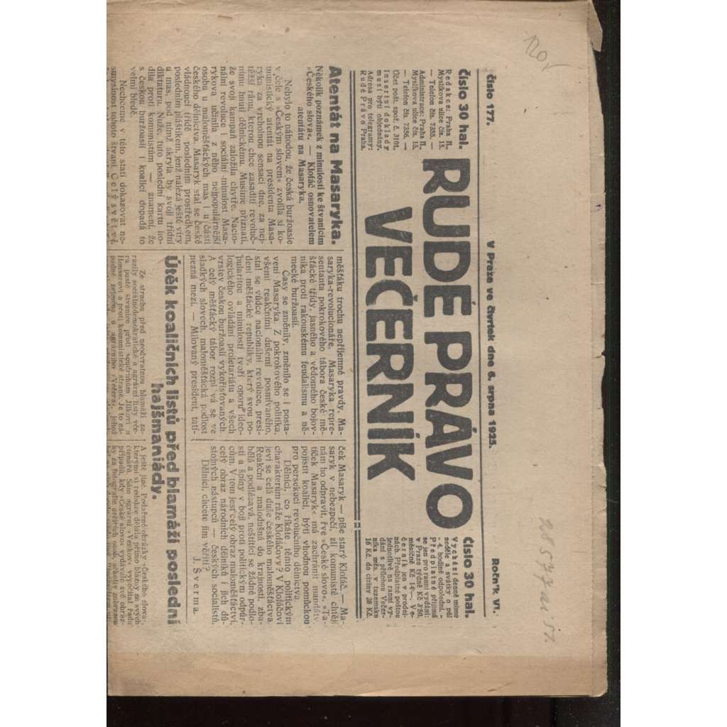 Rudé právo - večerník (6.8.1925) - 1. republika, staré noviny