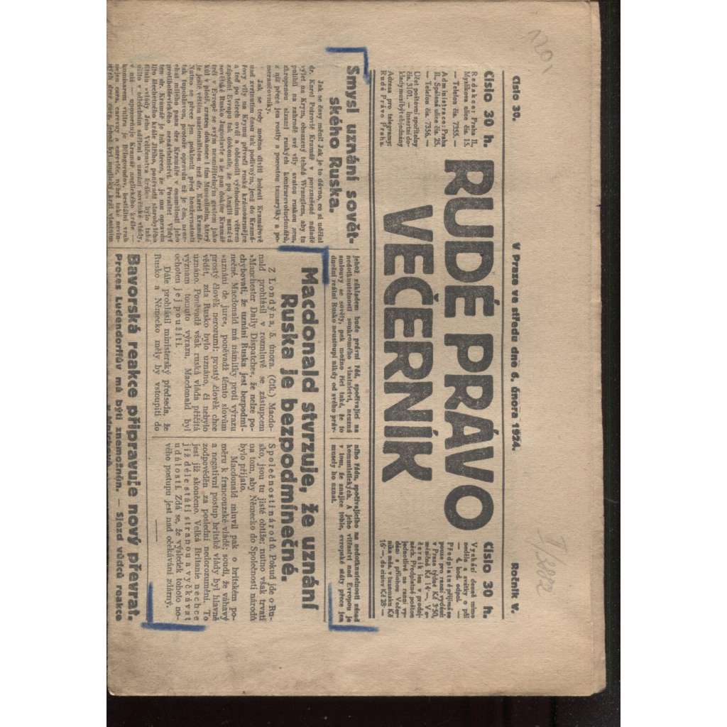 Rudé právo - večerník (6.2.1924) - 1. republika, staré noviny