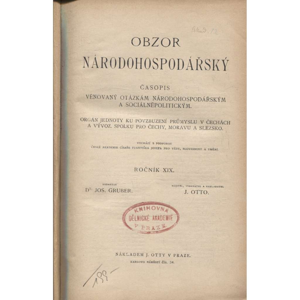 Obzor národohospodářský, ročník XIX./1915. Časopis věnovaný otázkám národohospodářským a sociálněpolitickým
