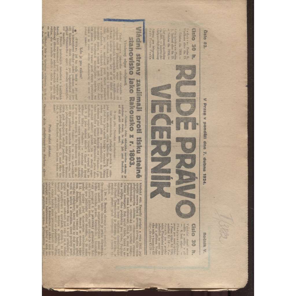 Rudé právo - večerník (7.4.1924) - 1. republika, staré noviny